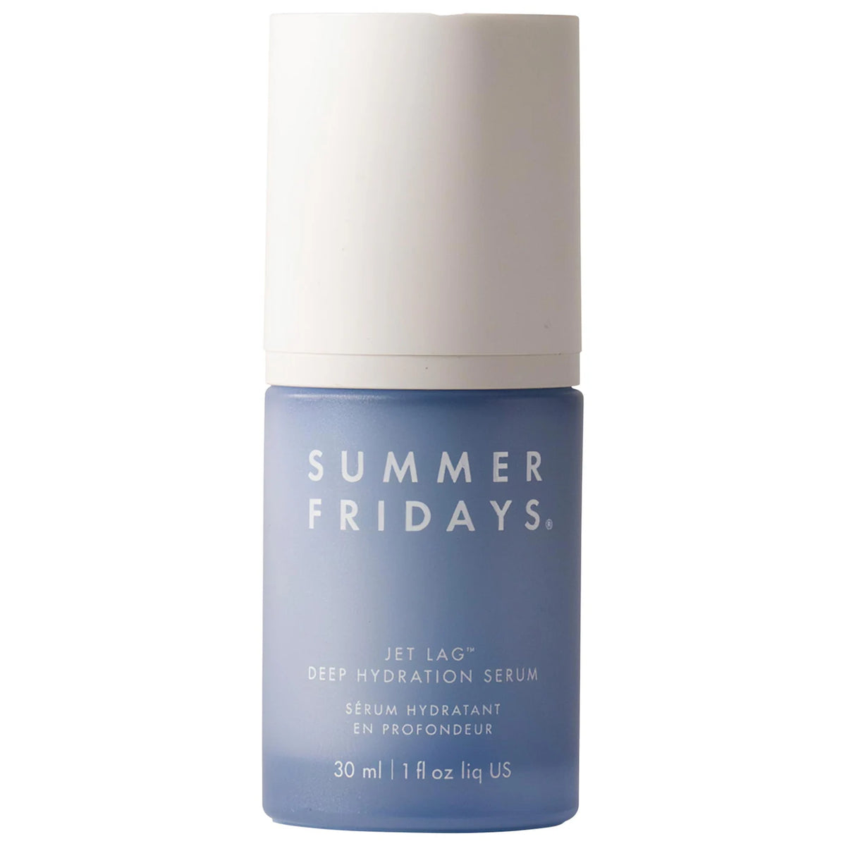 Summer Fridays Jet Lag Deep Hydration Serum 30ml bottle with pump dispenser, ready for skincare routine, in sleek packaging.