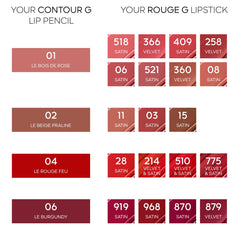 Guerlain Contour G Lip Pencil in Le Burgundy, unopened, with a close-up of the burgundy-colored lip pencil for precise lip lining.