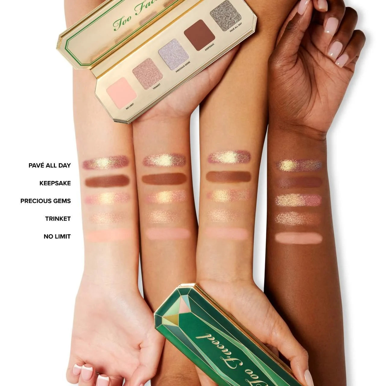 Too Faced Precious Gems Eyeshadow Palette with shimmering jewel-toned shades and a sleek compact design.