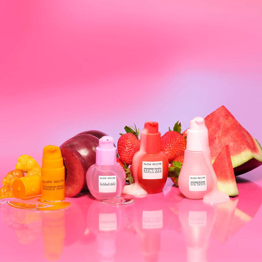 Glow Recipe serum minis kit featuring small bottles of skincare serums, ideal for trying multiple products in a compact beauty set.