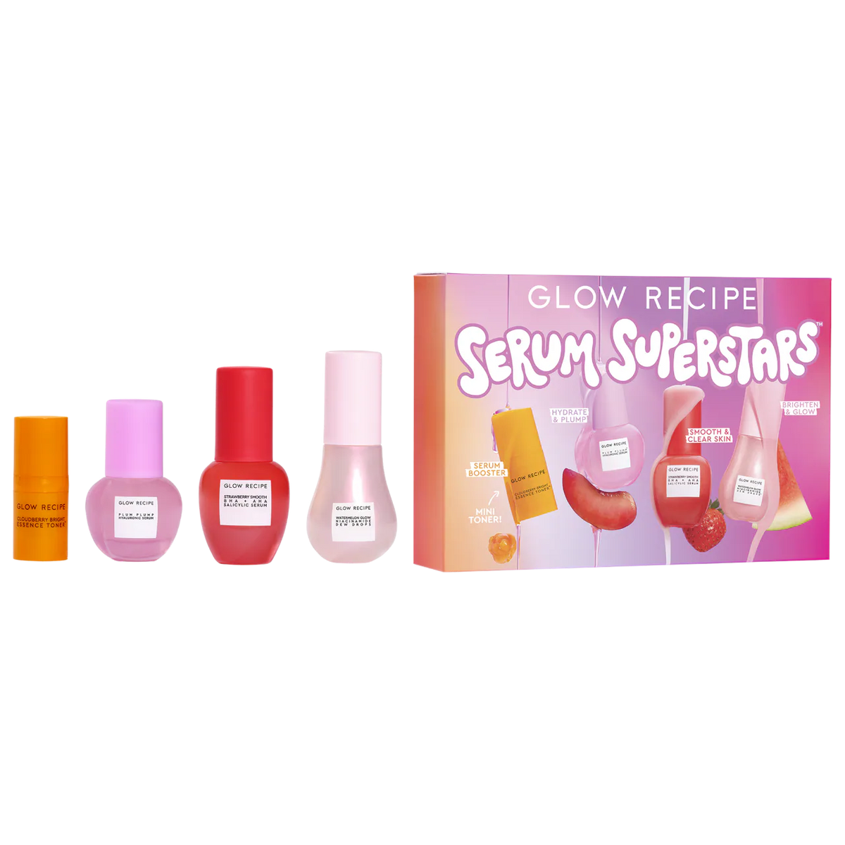 Glow Recipe Serum Superstars Minis Kit featuring a collection of mini skincare serums in colorful bottles.