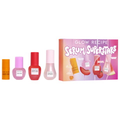 Glow Recipe Serum Superstars Minis Kit featuring a collection of mini skincare serums in colorful bottles.