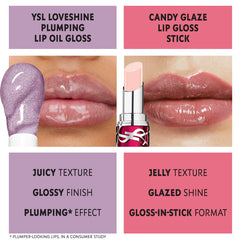 Yves Saint Laurent YSL Candy Glaze Lip Gloss Stick in various shades, featuring a sleek silver tube and the gloss visible at the tip