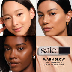Saie Glowy Super Gel in multiple shades, showcasing luminous, radiant skin with a smooth, gel-like texture and natural finish.