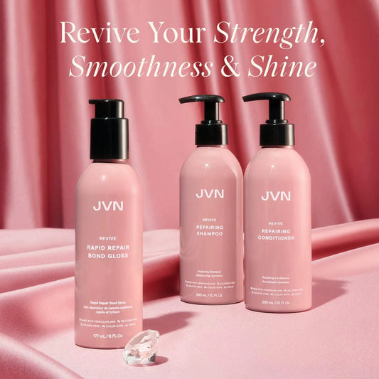 JVN Revive Repairing Conditioner 295ml bottle with sleek design, shown in a close-up image for hair care and beauty routine.
