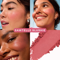 Tower 28 Beauty GetSet Blur + Set Matte Powder Blush in various shades displayed on a compact powder with a mirror