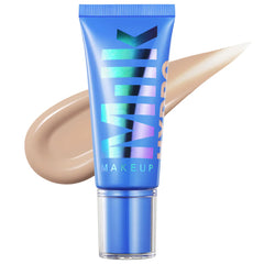 Milk Makeup Hydro Grip 12-Hour Hydrating Gel Skin Tint in various shades, featuring a close-up of the tinted gel on skin.