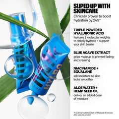 Milk Makeup Hydro Grip 12-Hour Hydrating Gel Skin Tint in various shades, showcasing smooth, tinted gel on model's face.