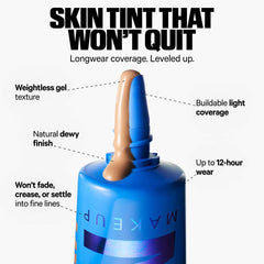 Milk Makeup Hydro Grip 12-Hour Hydrating Gel Skin Tint in multiple shades, showcasing a close-up of the product container and color options.