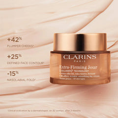 Clarins Extra-Firming Day cream for all skin types in a 50ml jar, unopened, with a smooth, luxurious skincare texture.