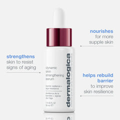 Dermalogica Dynamic Skin Strengthening Serum 30ml bottle, with sleek packaging and dropper applicator, displayed against a neutral background.