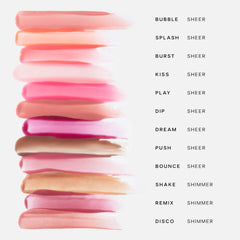 Saie Glossybounce™ High-Shine Hydrating Lip Gloss Oil in a clear tube showing a shiny, glossy finish on the lips.