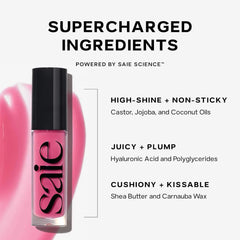 Saie Glossybounce™ high-shine, hydrating lip gloss oil in various shades, featuring a glossy finish and smooth applicator.