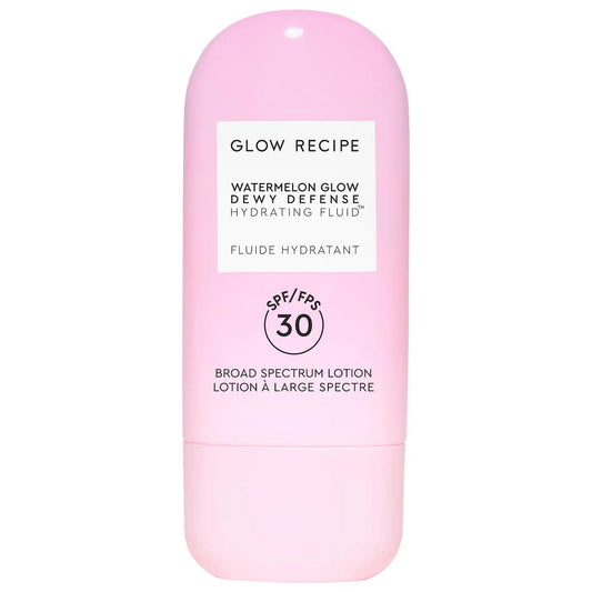 Glow Recipe Dewy Defense SPF 30 hydrating fluid sunscreen bottle, fresh and unopened for skincare protection.