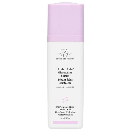 Drunk Elephant Amino Rain™ Glasswater Serum 30ml bottle, clear liquid skincare product with minimalist packaging.