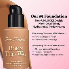 Too Faced Born This Way Foundation in Sable, unopened, featuring a sleek bottle with a pump dispenser for flawless makeup application.