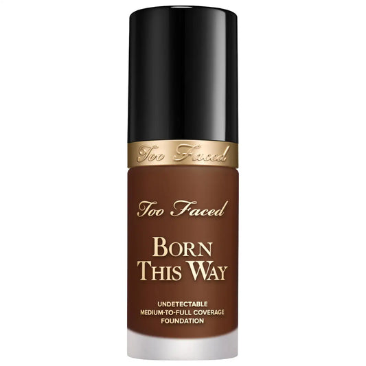 Too Faced Born This Way Foundation in Sable, new in box, showing the bottle with beige liquid foundation and black cap.