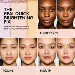 Fenty Beauty Bright Fix Instant Brightening and Setting Powder in various shades, featuring a compact with powder and mirror inside.