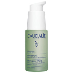 Caudalie Vinopure Acne Serum in 30ml bottle, designed to treat and prevent blemishes, with a clear view of the product container.