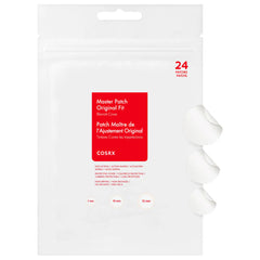 Cosrx Acne Pimple Master Patches for blemish treatment, shown on clear skin with visible transparent patches covering pimples.