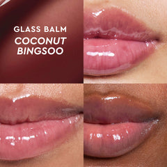 Glow Recipe Glass Balm Lip Treatment in various shades, showcasing shiny, hydrating lip balm on smooth lips.