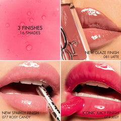 Dior Lip Glow Oil hydrating high-shine gloss in three finishes, displayed in a sleek tube with a doe-foot applicator.