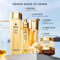 Guerlain Abeille Royale Youth Repair Eye Cream jar with gold and black packaging, close-up view of the unopened product.