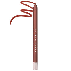 Fenty Beauty Trace'd Out waterproof lip pencil in satin shade, longwear formula, shown in sleek packaging.
