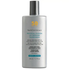 SkinCeuticals Physical Fusion UV Defense SPF 50 tinted mineral sunscreen in 50ml tube, showing the product packaging and branding.