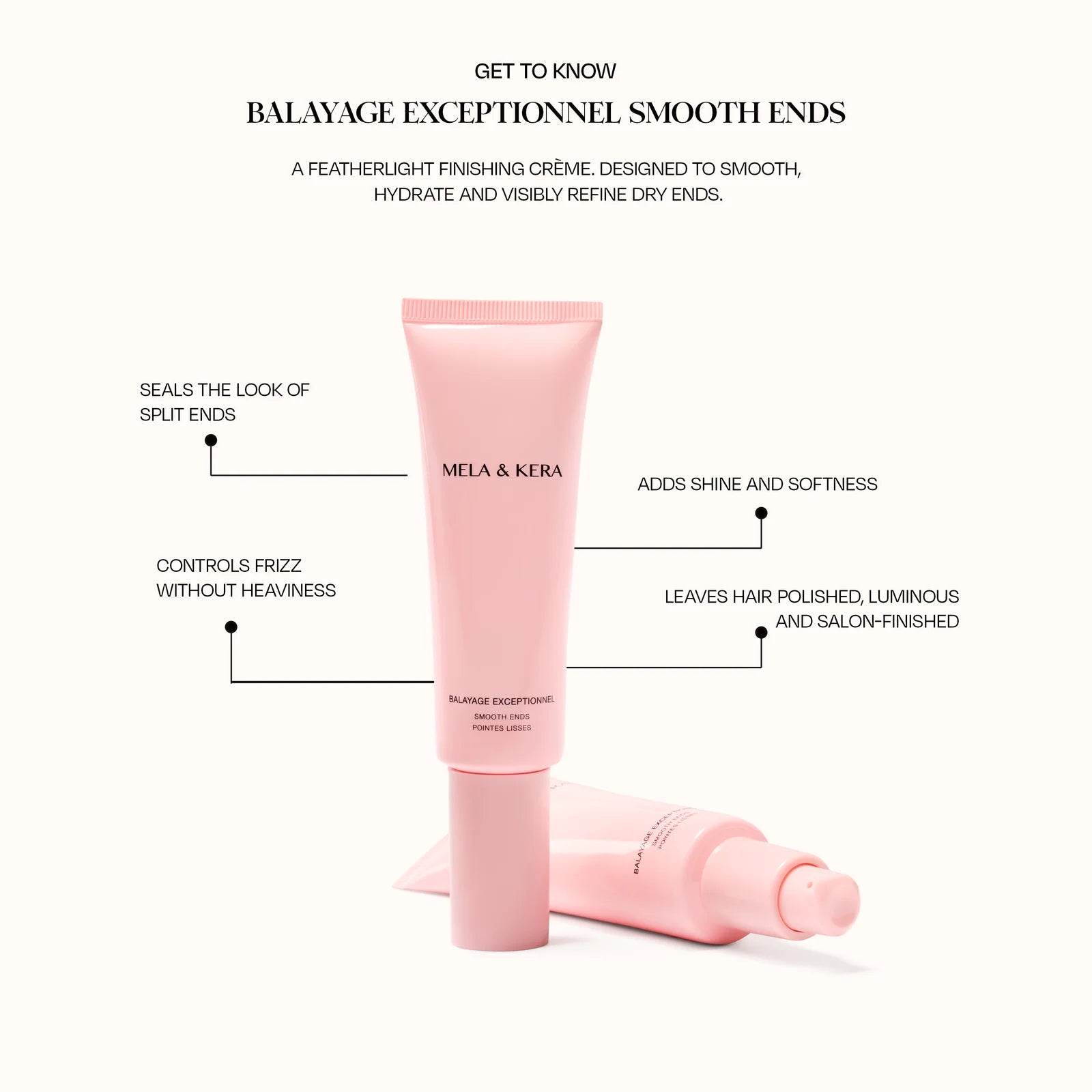 Mela & Kera Balayage Exceptionnel Smooth Ends 50ml hair treatment bottle and benefits graphic