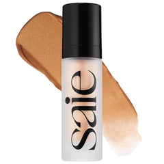 Saie Glowy Super Gel in sunglow shade, showcasing a luminous, natural-looking highlighter with a radiant finish for glowing skin.