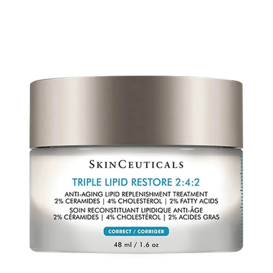SkinCeuticals Triple Lipid Restore skincare jar showing the 48ml product container and label for nourishing skin treatment.