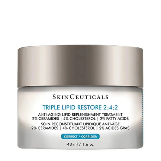 SkinCeuticals Triple Lipid Restore skincare jar showing the 48ml product container and label for nourishing skin treatment.