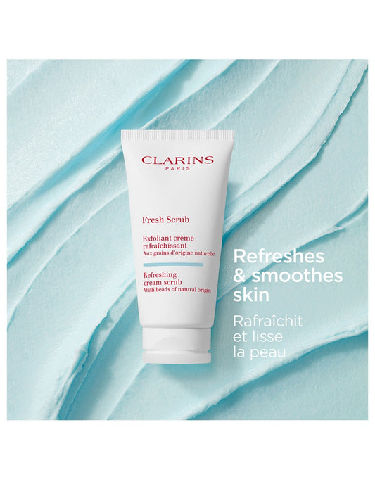 Clarins Fresh Scrub in 50ml tube, featuring natural exfoliating beads and Clarins branding on the packaging.
