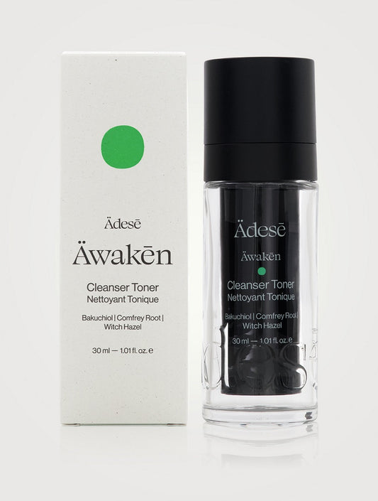 ÄDESĒ Äwakēn The Cleanser Toner in 30ml bottle, featuring clear liquid and minimalist packaging, for skincare use.